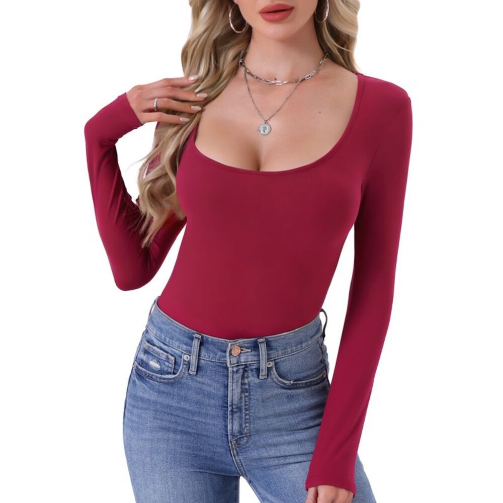 Women's Scoop Neck Long Sleeve Slim Fit Thermal Shirt Red